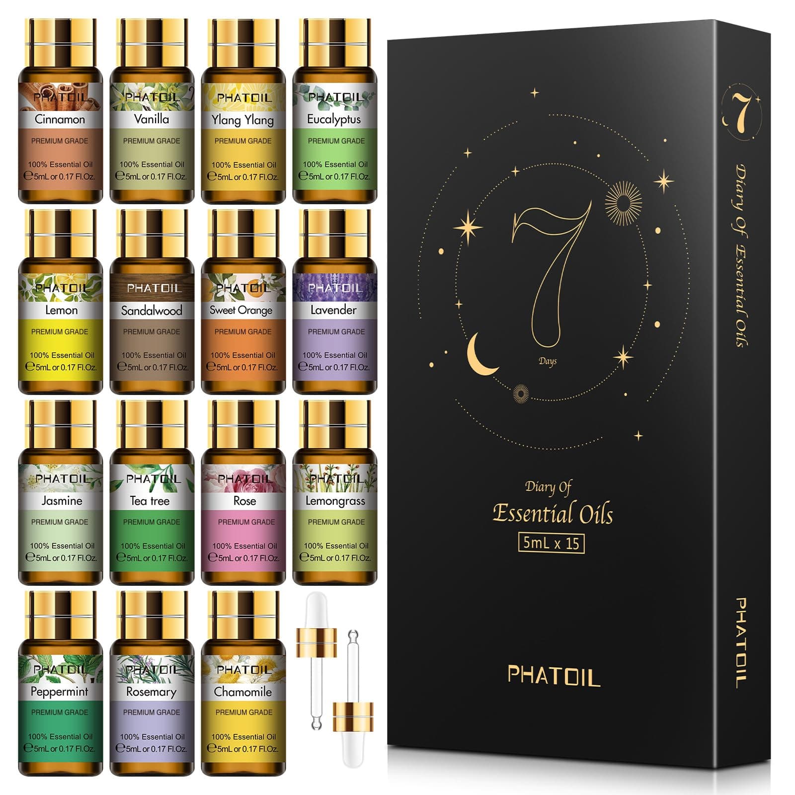 PHATOIL 15PCS Essential Oils Gift Set - Premium Quality 100% Natural Pure Essential Oils for Aromatherapy Diffuser Yoga Home Office Soap Candle Making- 5ml/Bottle