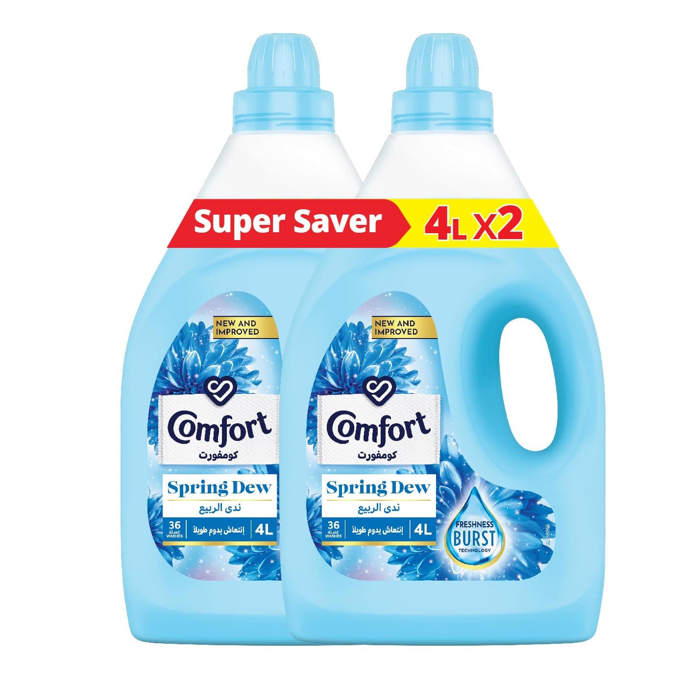 COMFORT Fabric Softener, Spring Dew, with freshness-burst technology for longer lasting fragrance & soft clothes, 4L x 2