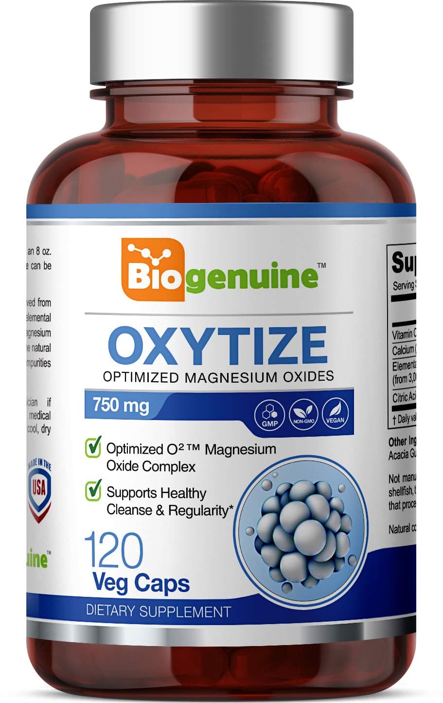 Oxytize 750 mg 120 Vcaps - Natural Magnesium Oxide Oxygen Based Colon Cleanse Gentle Laxative - Supports Healthy Digestive Tract Regularity