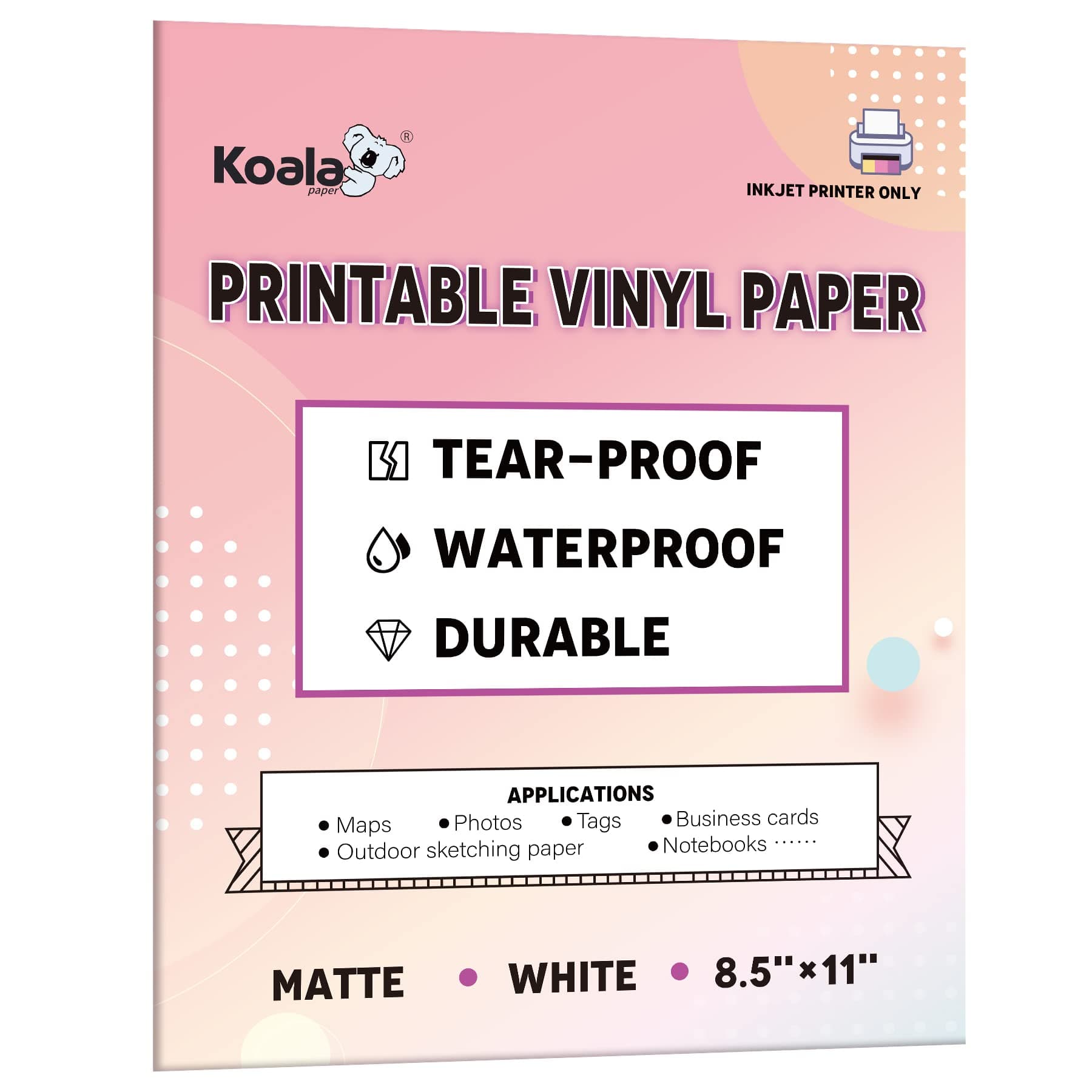 KOALA PAPER Printable Waterproof for Inkjet Printer, 8.5x11 In 30 Sheets Matte White Vinyl Printer, Non-Tearable, Durable, Quick Drying