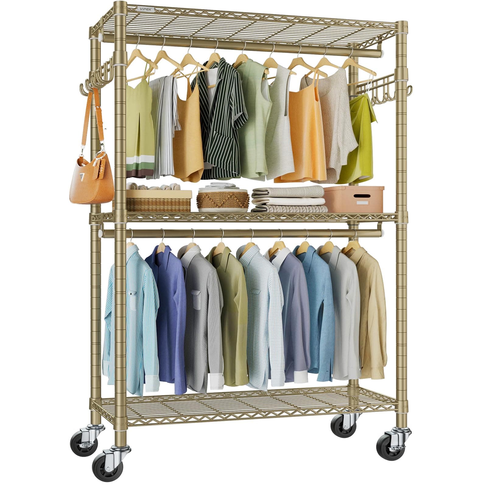 - VIPEK R2 Plus Rolling Clothes Rack for Hanging Clothes Heavy Duty Garment Rack 3 Tiers Adjustable Wire Shelving Clothing Racks with Double Hanging Rods, Closet Organizers and Storage, Gold