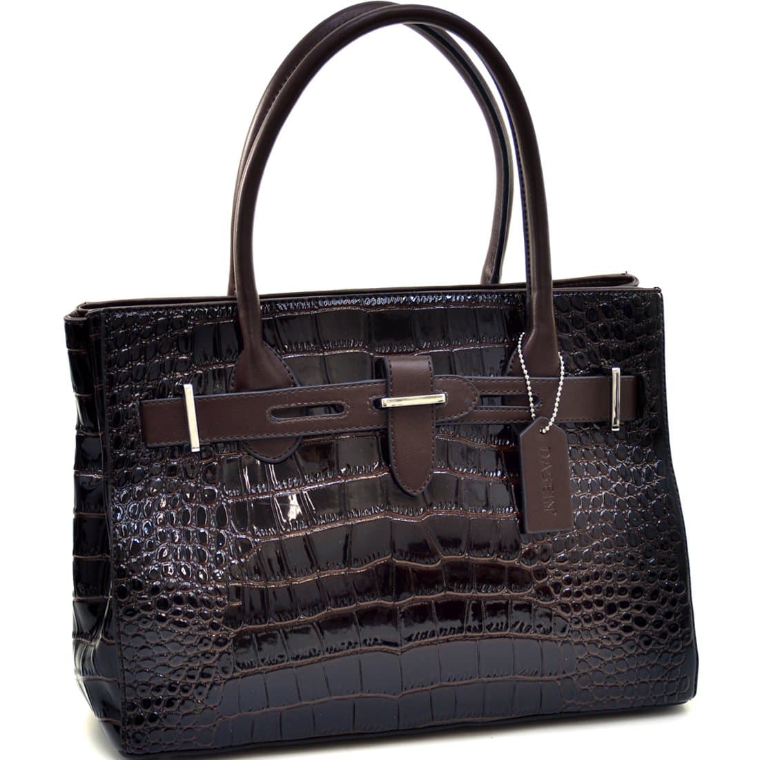 Dasein Belted Patent Croco Satchel - Coffee