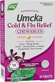 Nature’s Way Umcka Cold and Flu Relief Chewables, Non-Drowsy Multi-Symptom Relief, Homeopathic Cold Medicine and Remedy, Shortens & Reduces Severity of Colds, Orange-Flavored Tablets, 20 Count