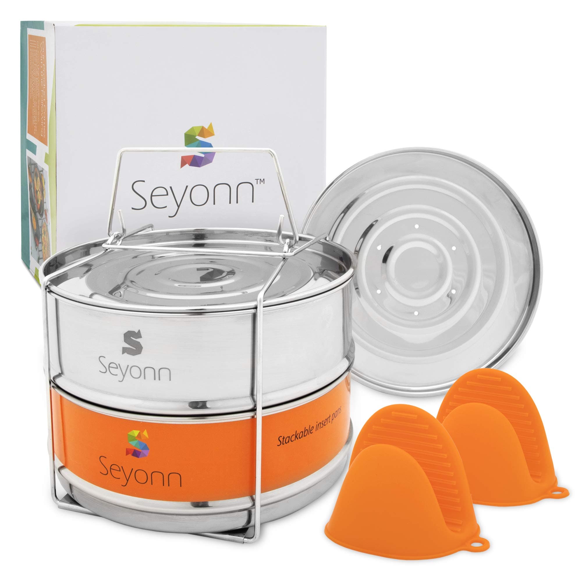 Seyonn Stackable Steamer Insert Pans, 2 BPA-Free Food Steamers Inserts, Stainless Steel, Food Grade with Lid, Handle for 5,6,8 qt, Pots, Pressure Cookers or Crock Pots, with Bonus Silicone Mitts