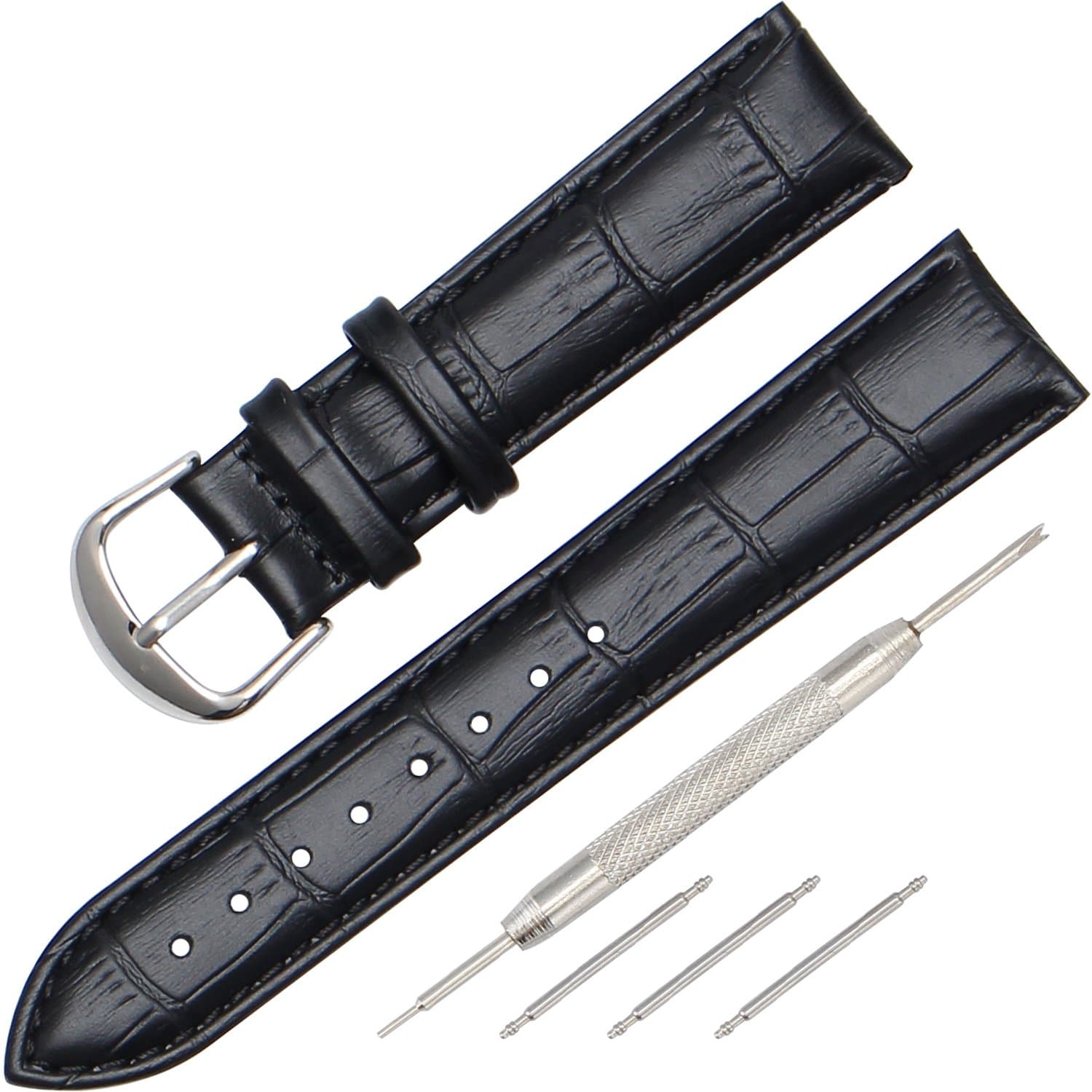 22mm / 20mm Leather Watch Band, Genuine Cowhide Replacement Watch Strap (Black/Brown) for Men and Women with Silver Stainless Pins Clasp (20mm, Black)