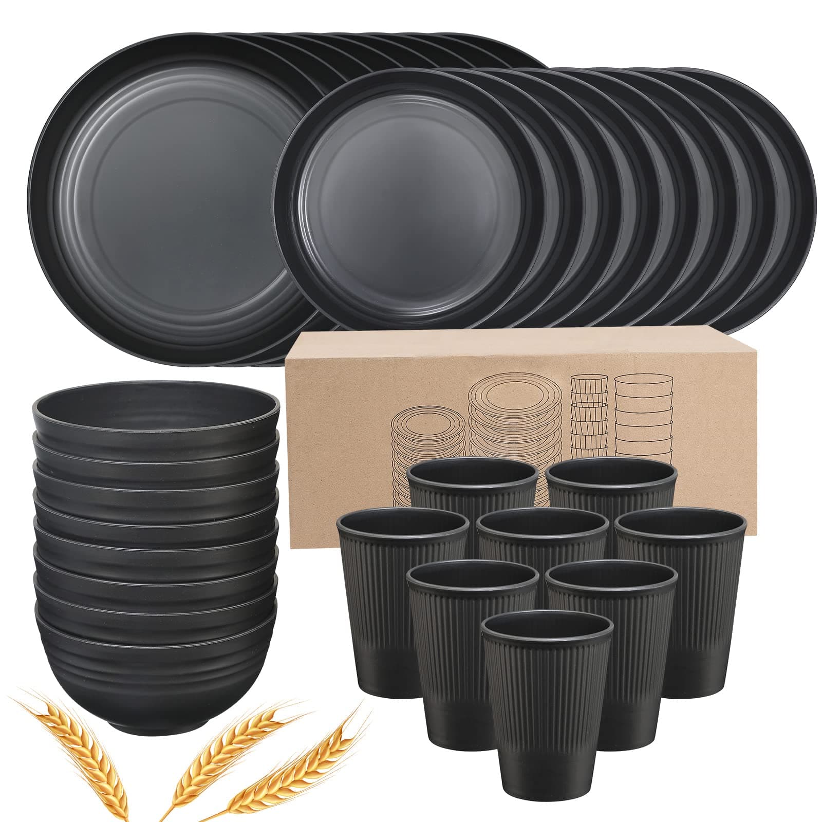 Plates and Bowls Sets for 8, 32-Piece Kitchen Dinnerware Set for 8 Tableware Wheat Straw Dinner Plates, Dessert Plates, Bowls and Cups, Dishes Set for Home Parties Camping - Black