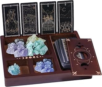 GLOBLELAND Moon Star Tarot Card Holder Stand Display 9.5x7.48x1.23in Coconut Brown Tarot Card Accessories Crystal Organizer Decorative Box for Altar Decor Tarot Card Crystal Holder Case