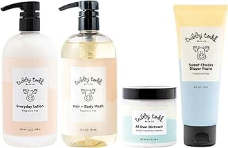 Tubby Todd Baby Bath & Skincare Kit - The Baby Bundle - Baby Shampoo and Body Wash, Everyday Lotion 25 Oz, All Over Ointment 3.5 Oz & Diaper Paste Cream 7.9 Oz Gift Set - Fragrance-Free