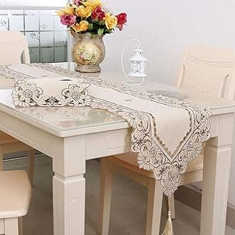 LeLehome 15 Inch X 86 Inch Classic Beige Table Runner, Vintage Brown Flower Embroidery Dresser Scarf Kitchen Dining Party Wedding Home Decor Tapestry