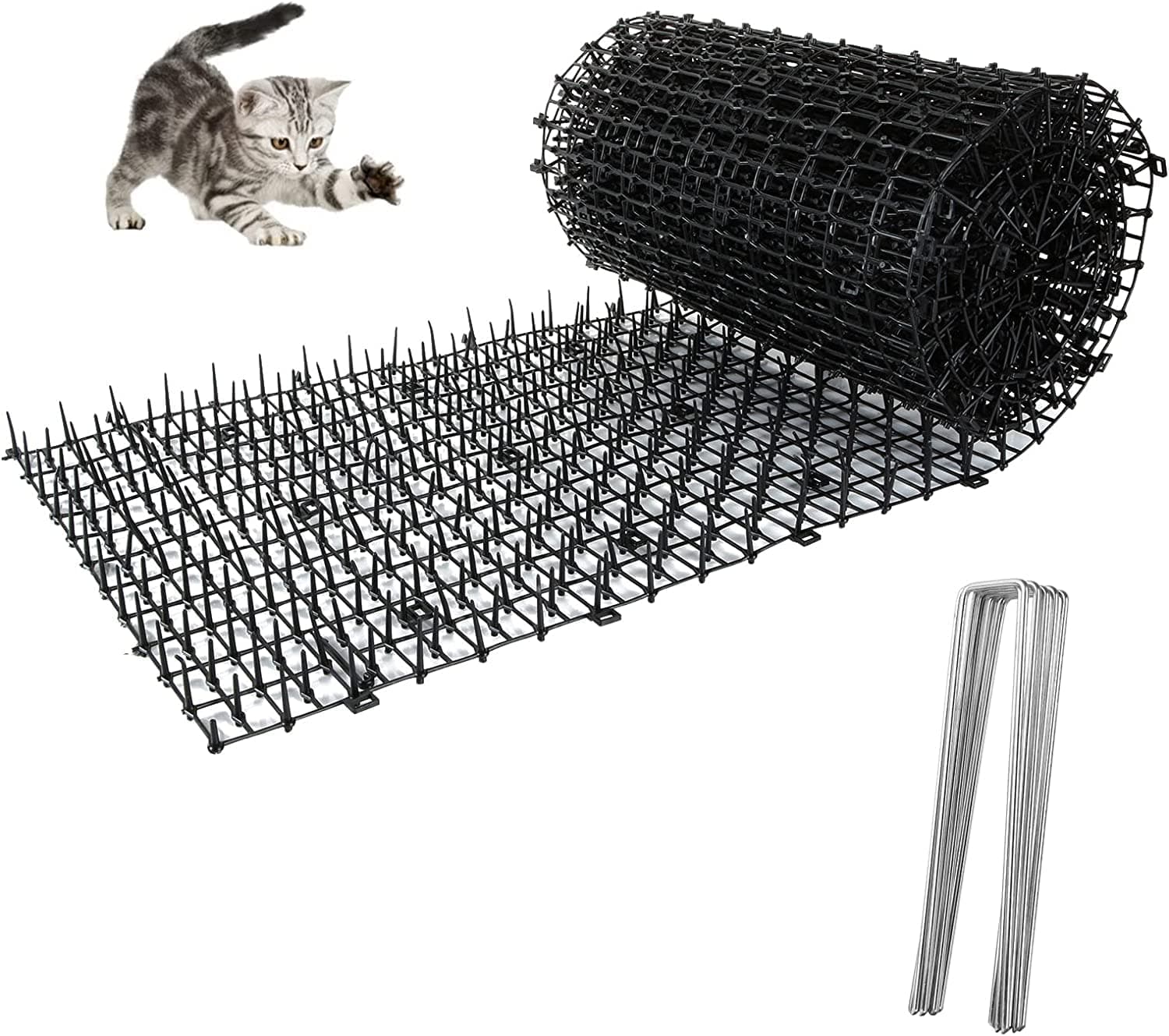 Anti Cat Spikes 200x28cm Plastic Cat Scat Mat with Spikes Anti Cat Mat Repellent Mat with Spikes Cat Scat Mats with Prickle Stirp Pet Deterrent Net with 8 U-shaped Pegs for Garden, Fence