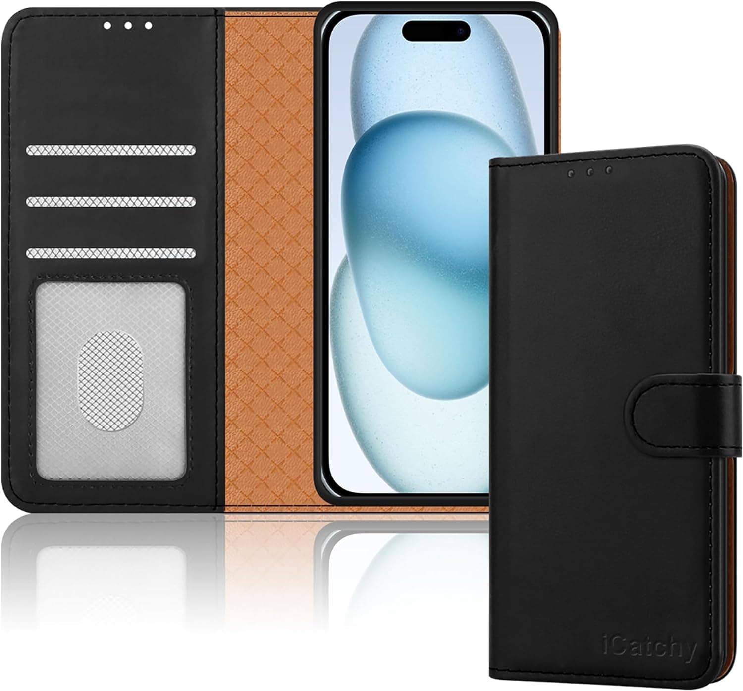 iCatchy for iPhone 15 Case Leather Wallet Case with RFID Blocking, Flip Cover Card Holder Magnetic Closure Black PU Leather Protective Cover for iPhone 15 (Black)