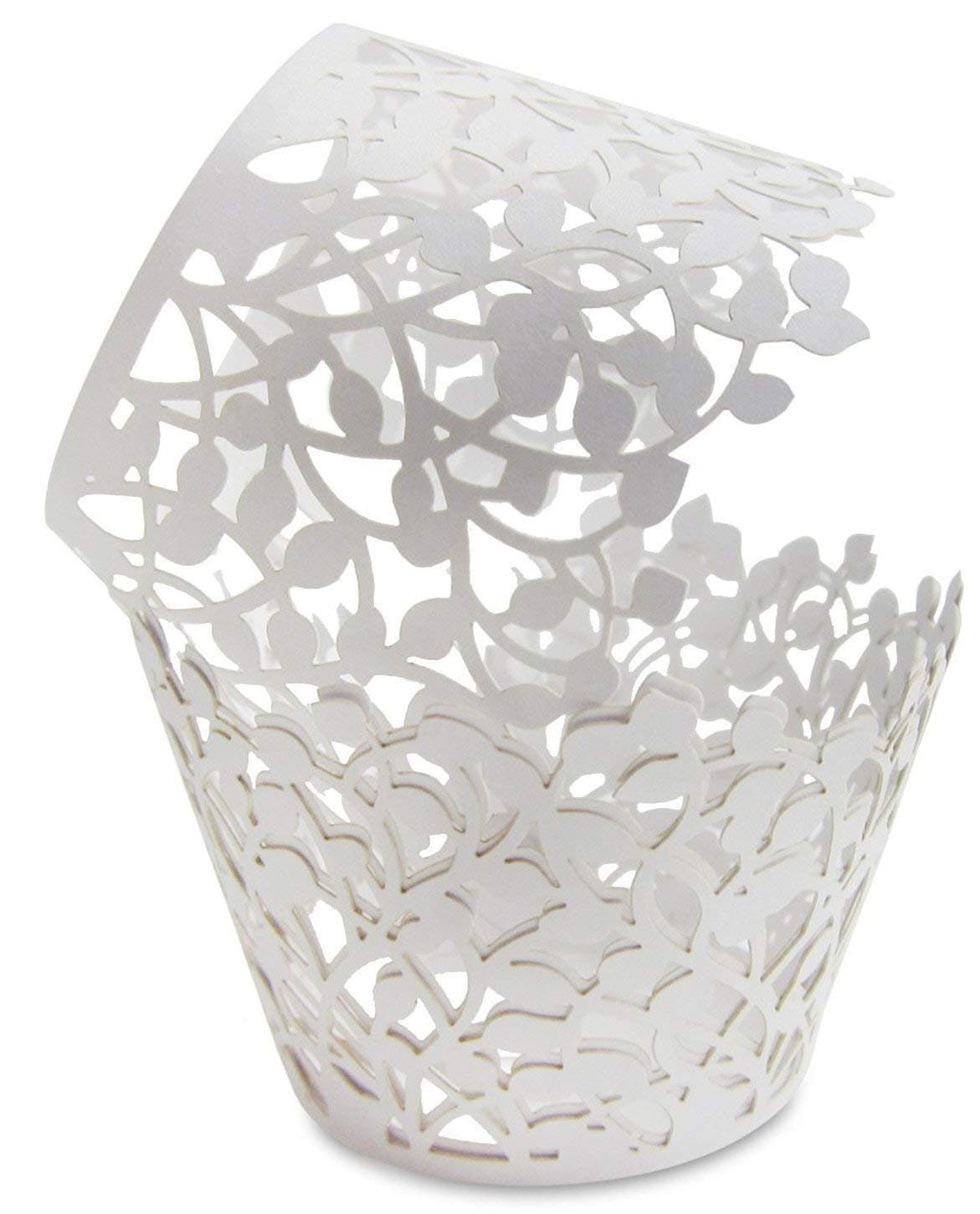 100pcs Cupcake Wrappers - White Shimmering Decorative Vine Lace Liner by Ultimate Hostess - Versatile Design makes it perfect for Weddings Birthdays Tea Parties or any Special Event