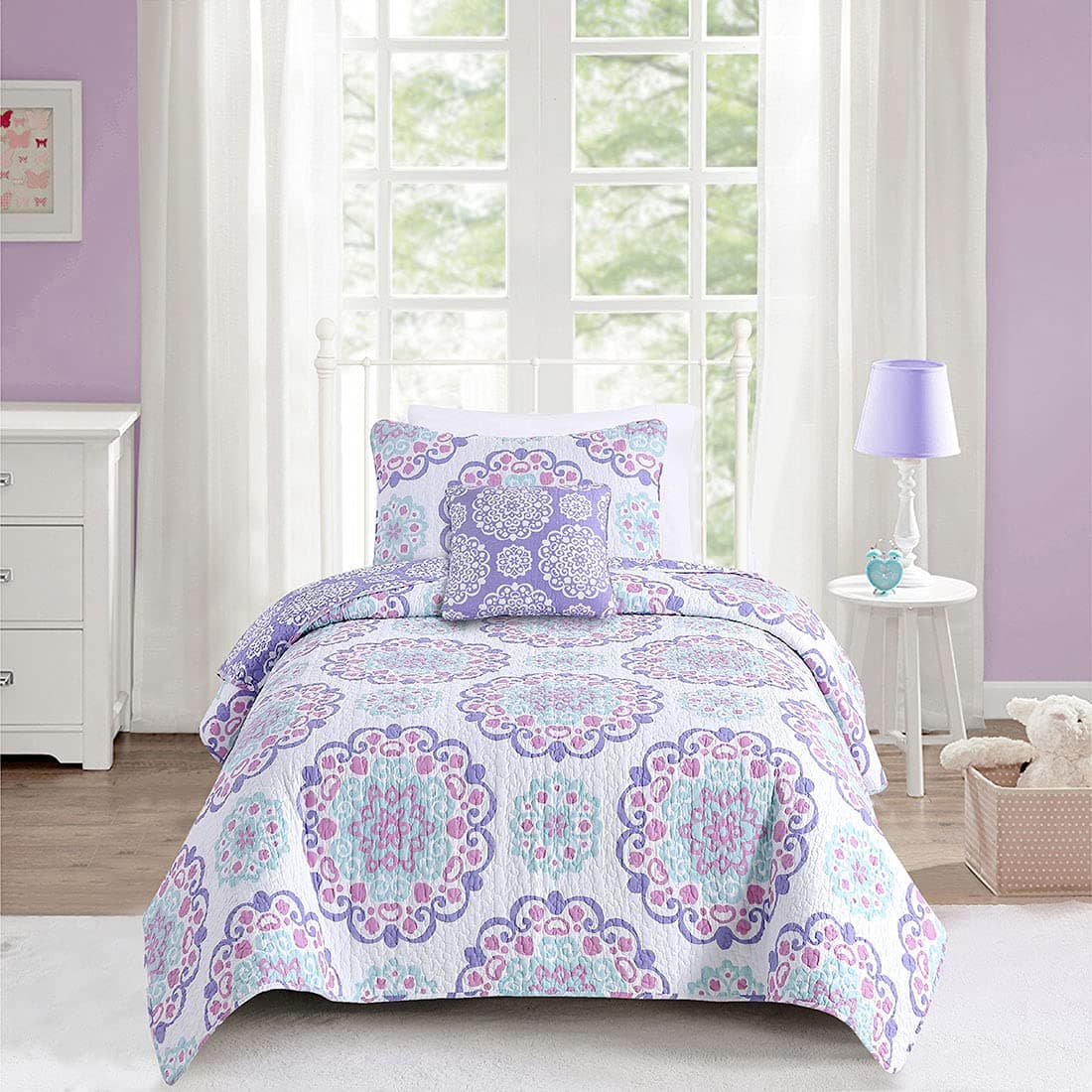 Mytex, Vivian 4-Piece Quilt Set Featuring Medallion Pattern, Bohemian Style, Cotton, Reversible Bedding, Teen, Girls, Purple, Aqua, and Pink, Twin