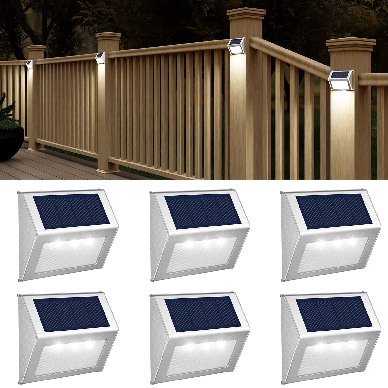 JSOT Solar Deck Lights - 6 Pack White - Modern Outdoor LED Stainless Steel Step Lights - Waterproof & Auto On/Off