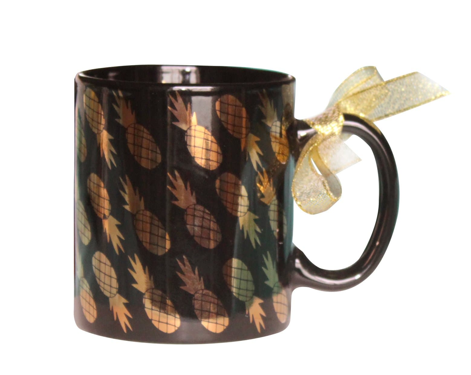 Pineapple Gold Coffee Mug Ceramic Milk Cup Handle Gold Ribbon 11oz (Black)