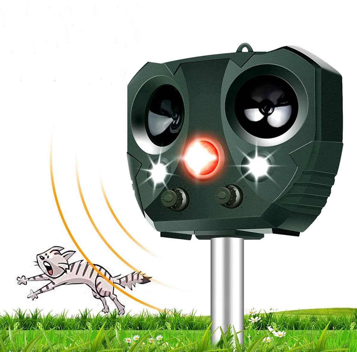 Animal Repellent Solar Powered Waterproof with Motion Sensor, Flashing Light, USB Charge Effectively Repels Dog Cat Deer Raccoon Rabbit Squirrel Bird Farm Garden Yard