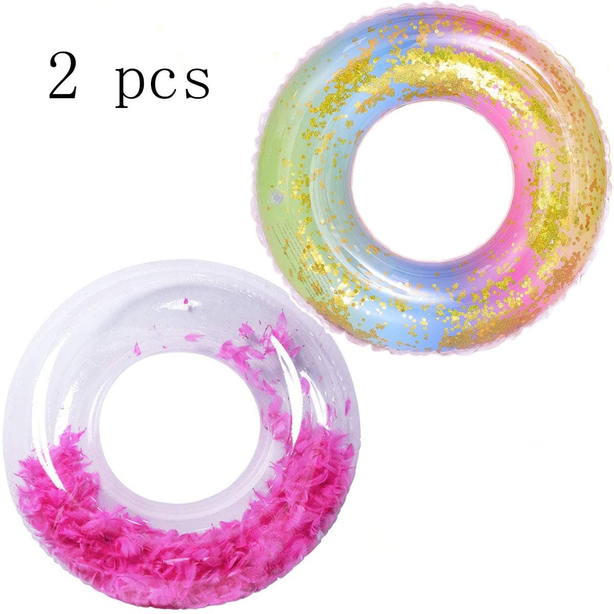 Jolily 2 PCS Pool Inflatable Float Swim Ring Rainbow and Rose Red, for adults' weight within 76 KG and kids above 5 year old, Shiny Glitter Feather Filled Lounger Pool Swimming Beach Water Toy