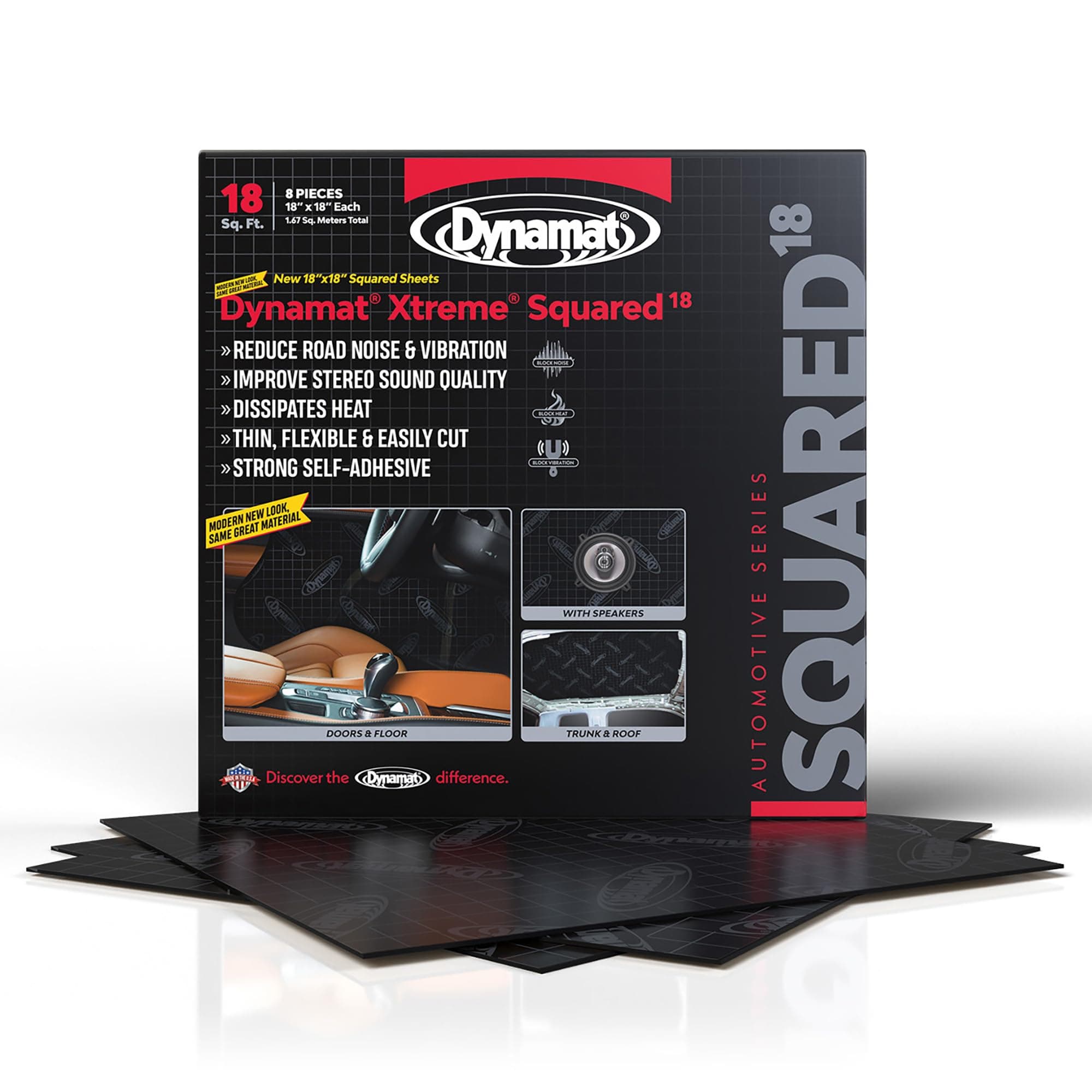 Dynamat Xtreme Sound Deadening Car Insulation Squared 18 Pack – Noise Dampening for Floor, Doors, Panels, Hood or Trunk – Easy Self Adhesive Install – Made in USA – 8 Sheets 18”x18”, 18 sq ft Total