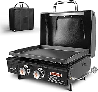 2025 Upgraded 22” Tabletop Griddle with Hood and Stainless Steel Front Plate, Flat Top Grill Griddle Propane Grill with Carry Bag, 24000 BTU, 348 Sq, 2 Burners, Powder Coated Steel