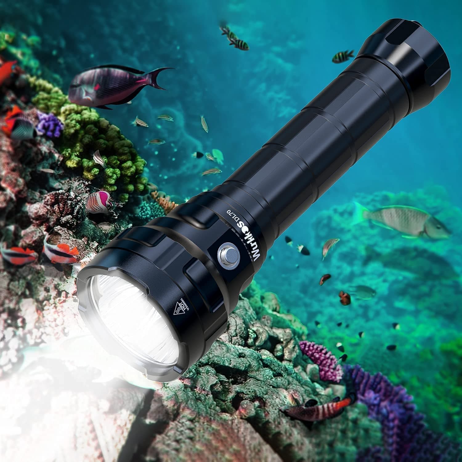 DL70 Dive Torch, 13000 Lumens Diving Flashlight, 4 XHP50.2 LEDs, IPX8 Waterproof, 150m Underwater Light, 2 x 5000mAh Power Supply