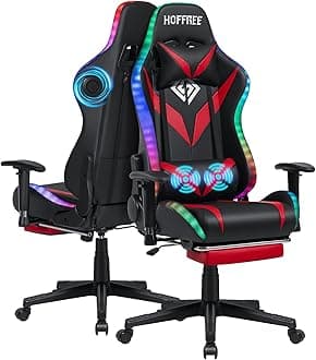 HOFFREE RGB Gaming Chair with Bluetooth Speakers Racing Gamer Chair Massage and Led Lights Swivel Game Chair with Footrest High Back Computer Desk Chair Red and Black