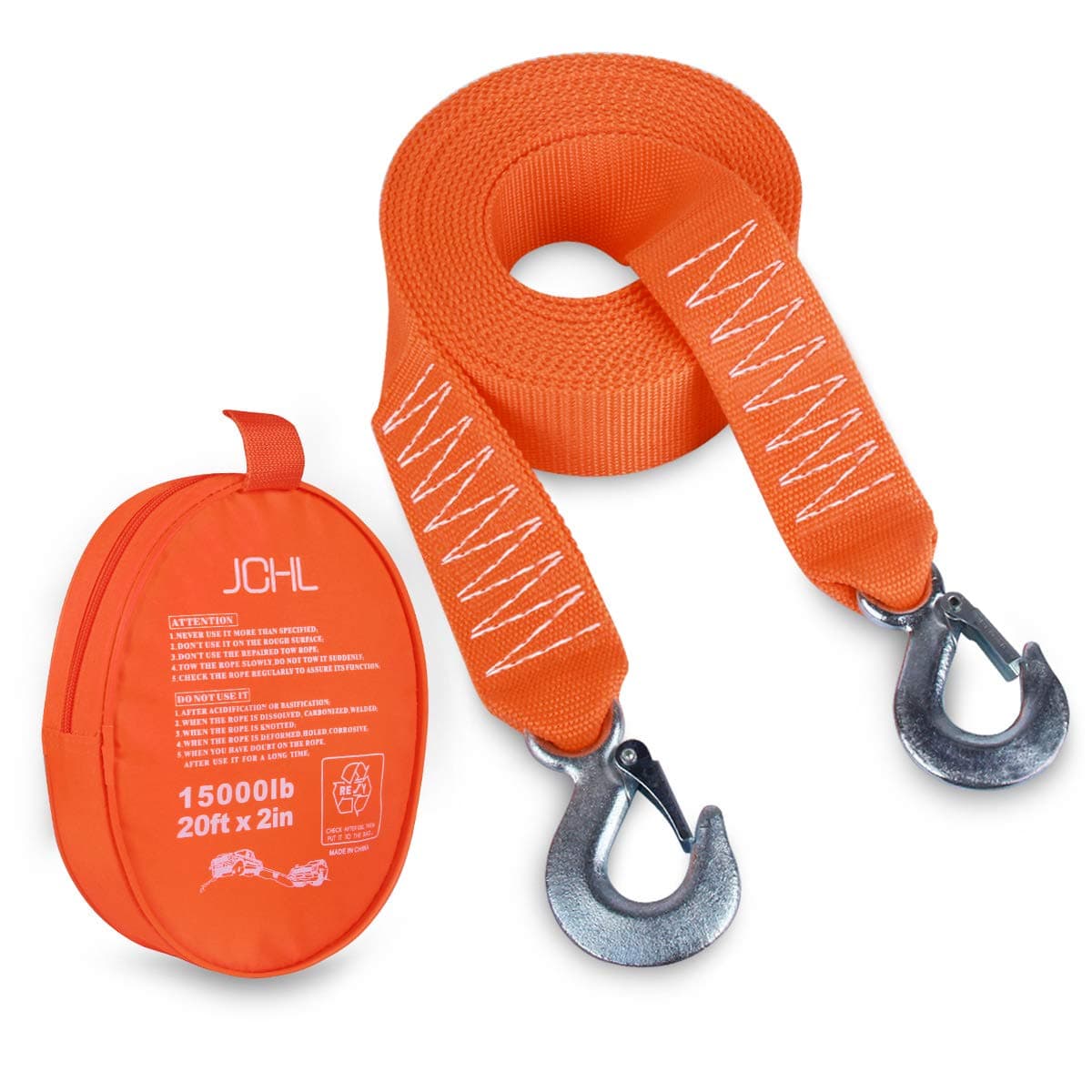 Tow Strap Heavy Duty with Hooks 2”x20’ 15,000LB Recovery Strap 6,8 Tons Towing Strap with Safety Hooks Polyester