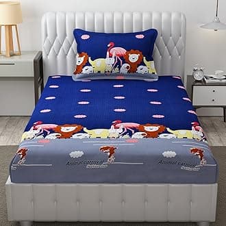- FRESH FROM LOOM Glace Cotton Wrinkle Free Soft Hypoallergenic Bed Sheet | Cartoon Printed Single Bedsheet Size for Kids with 2 Pillow Cover (60x90 Inches/Dinosaur/Blue), 144 TC