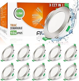 ALUSSO LED Downlights Ceiling Dimmable 5.5W IP65 Ultra Slim LED Recessed Ceiling Lights, 3000K Warm 4000K Neutral 6500K Cool Adjustable Bathroom Spotlights Ceiling Lights, Nickel, 10 Pack