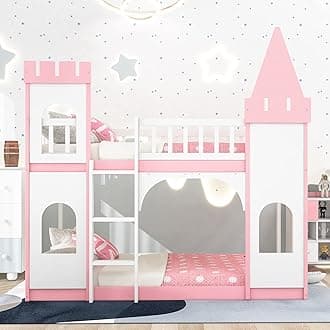 Bellemave Low Bunk Beds for Kids Twin Over Twin Castle Bed Princess Bed with Ladder, Solid Wood Twin Floor Bunk Bed Frame for Kids Teens Girls Boys, Pink