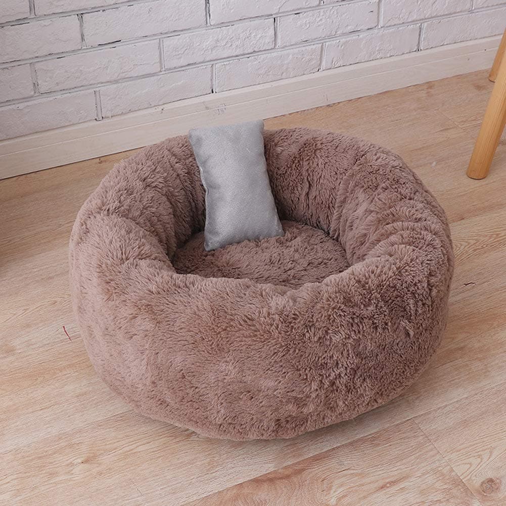 Maran Dog Cat Pet Bed Sofa Comfortable Warm Cuddler,Round Donut Pet Bed,Four Seasons Universal Cushion,With a Pillow,Brown,L-60 * 60 * 22 cm