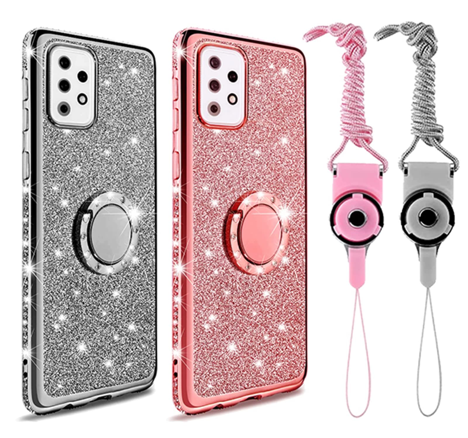 Godood for Samsung Galaxy A72 5G Phone Case [2 Pack], Glitter Case for Women Sparkle Glitter Bling Diamond Soft Bumper with Ring Stand Protective Case for Galaxy A72 5G, Rose Gold & Silver
