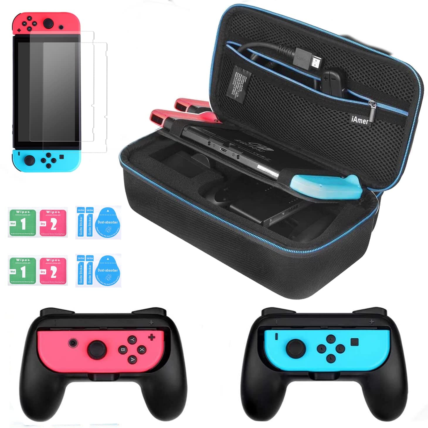 iAmer 6 in 1 Accessories Kit for Nintendo Switch , Carry Case + 2pcs screen protect Film for Nintendo Switch Console +2 Grips for Nintendo Switch Joy-Con