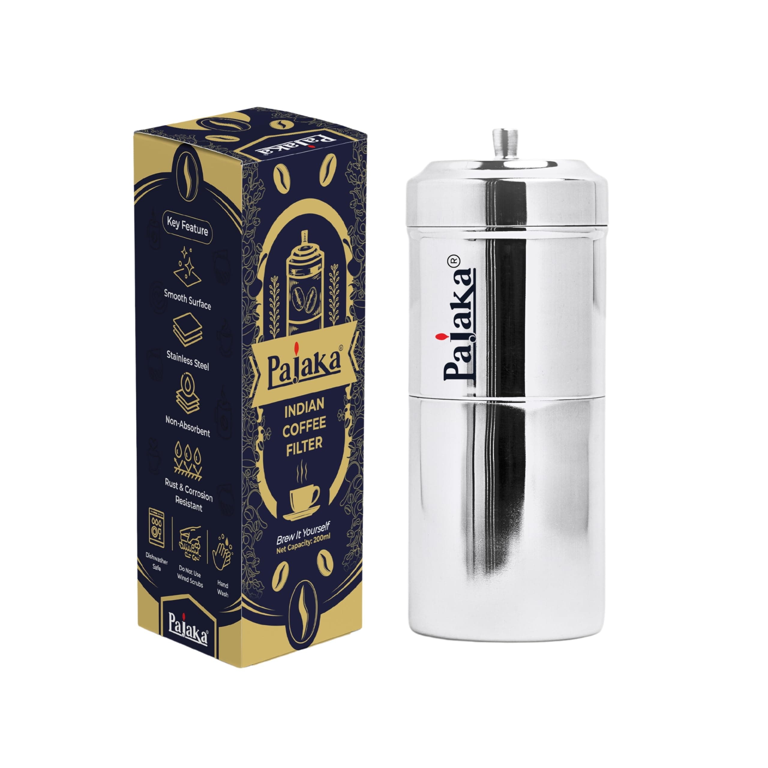 PAJAKA Madras Kaapi Kappi Maker - Stainless Steel Drip Coffee Brewer for South Indian Filter Coffee, 200 ML Capacity, Medium Size, 2-4 Cup Mug Decoction Dripper for Home & Kitchen