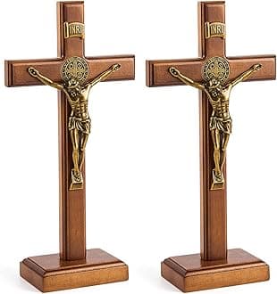 Leinuosen 10 Inch Wood Cross Crucifix Wall and Table Catholic Wooden Crosses Standing Cross Decor Jesus Christ Decoration for Home Baptism Communion Church (2 Pcs)