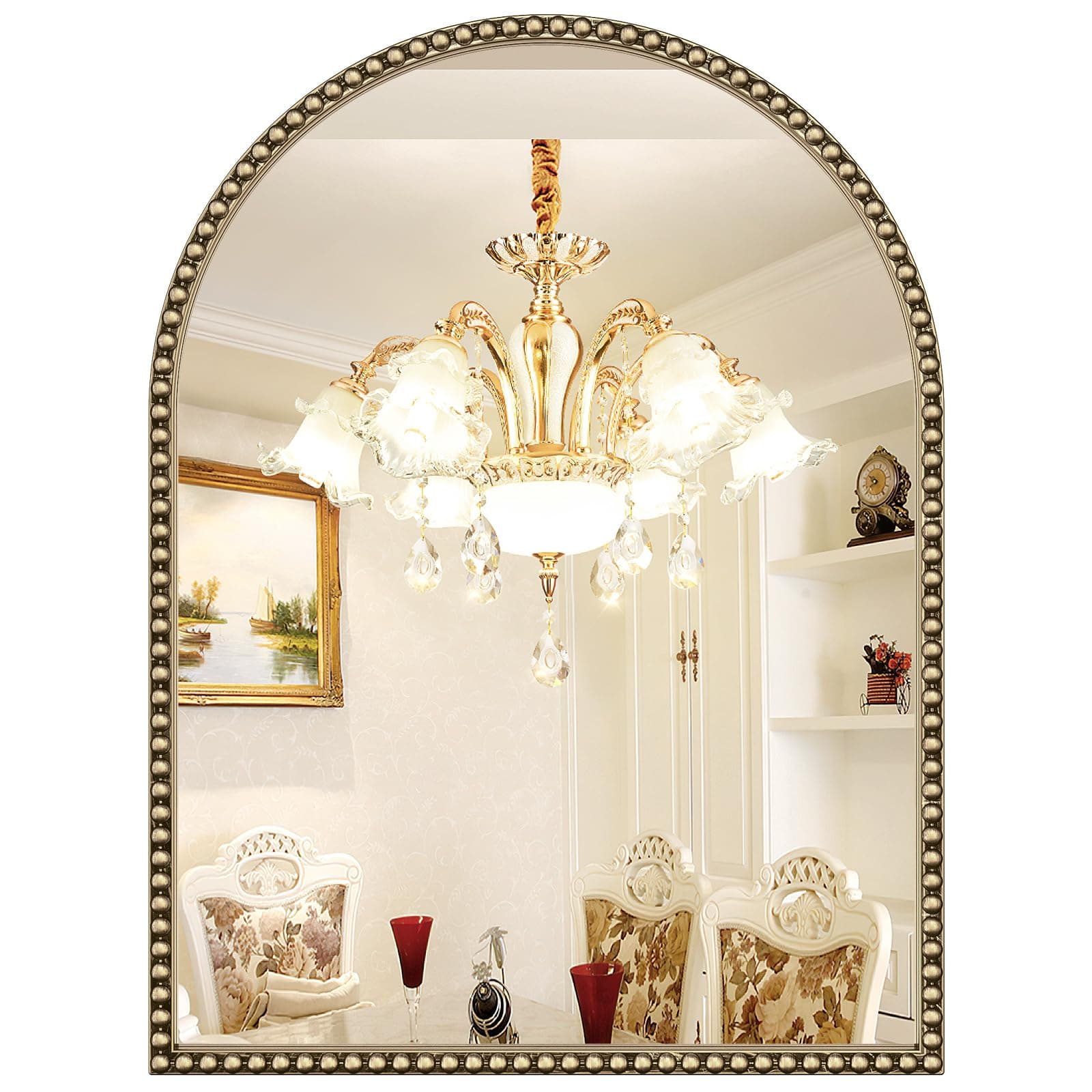 Beaded Arched Mirror for Wall, 22"x30" Gold Arch Bathroom Vanity Mirror, Retro Brass Metal Frame Decorative Mirror for Bedroom Dressing Room Entryway Fireplace