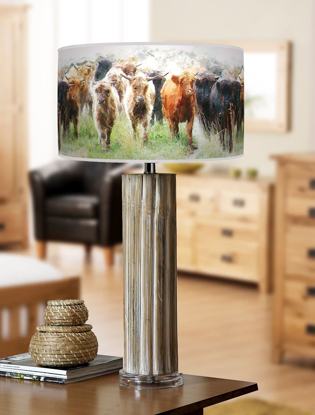 68cm Large Dark Bamboo Wood Table Lamp with Giclee Printed Highland Cows Lampshade 774