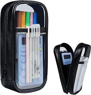 Fmeida Clear Pencil Case - Upgraded 4 Compartment Pencil Pouch, Waterproof Adult Pencil Bag Aesthetic Marker Pouch Stationary Bag Office Organizer for Office Business Travel - Black PU& Clear PVC