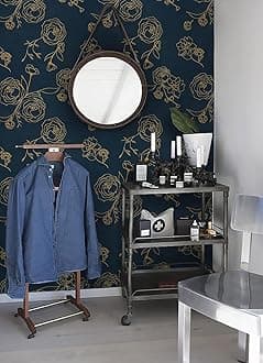 Rylan 45 * 600 Peel and Stick Wallpaper Gold and White Contact Paper Floral Wallpaper Self Adhesive Removable Wallpaper for Bedroom Covering Vinyl Rolls(Blue & Gold)