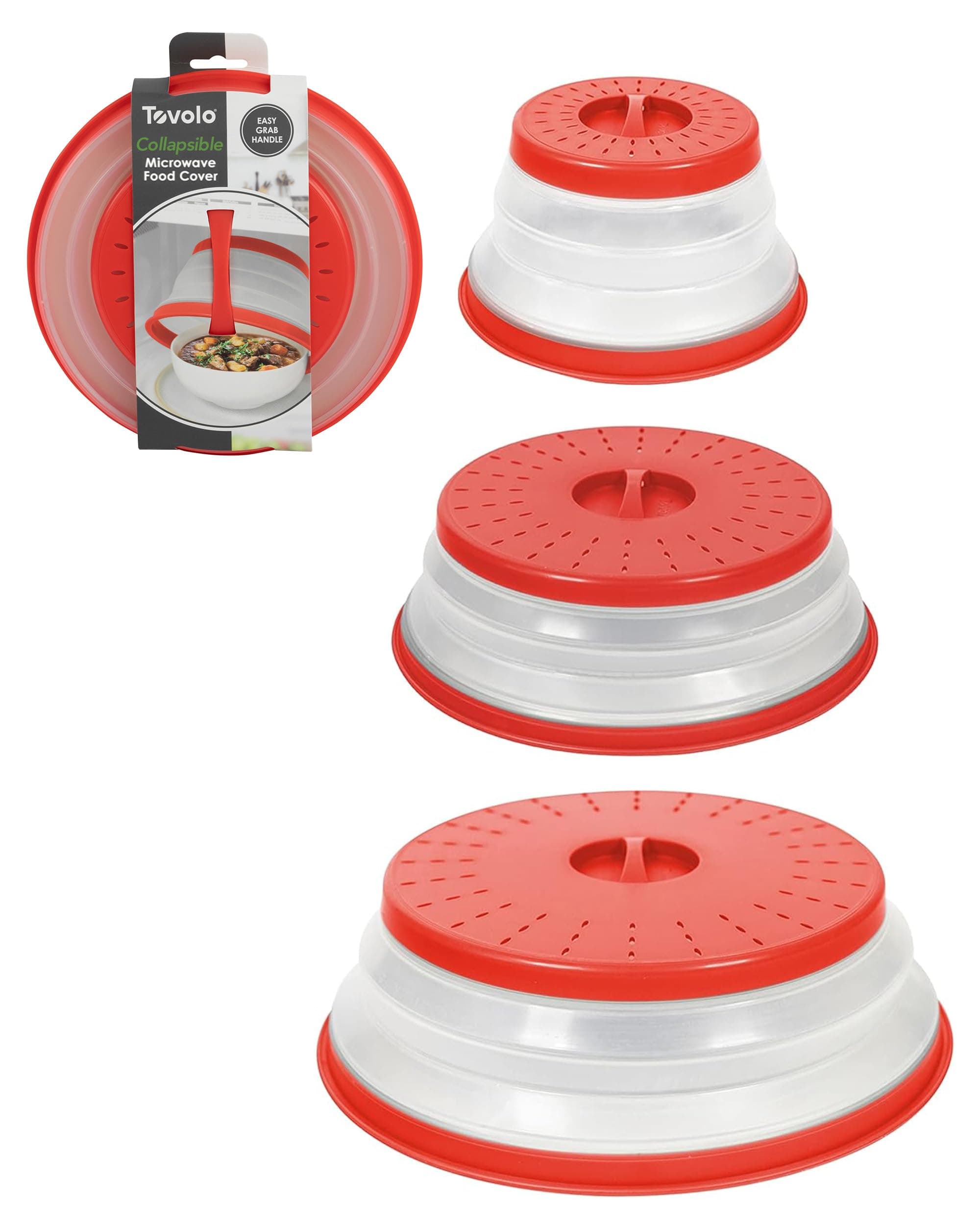 Microwave Splatter Cover for Food, 3-Pack (Candy Apple Red) - Collapsible & Vented Silicone Splatter Guard Lid - Microwave Plate & Dish Cover with Handle - BPA-Free Kitchen Gadget for Meal Prep