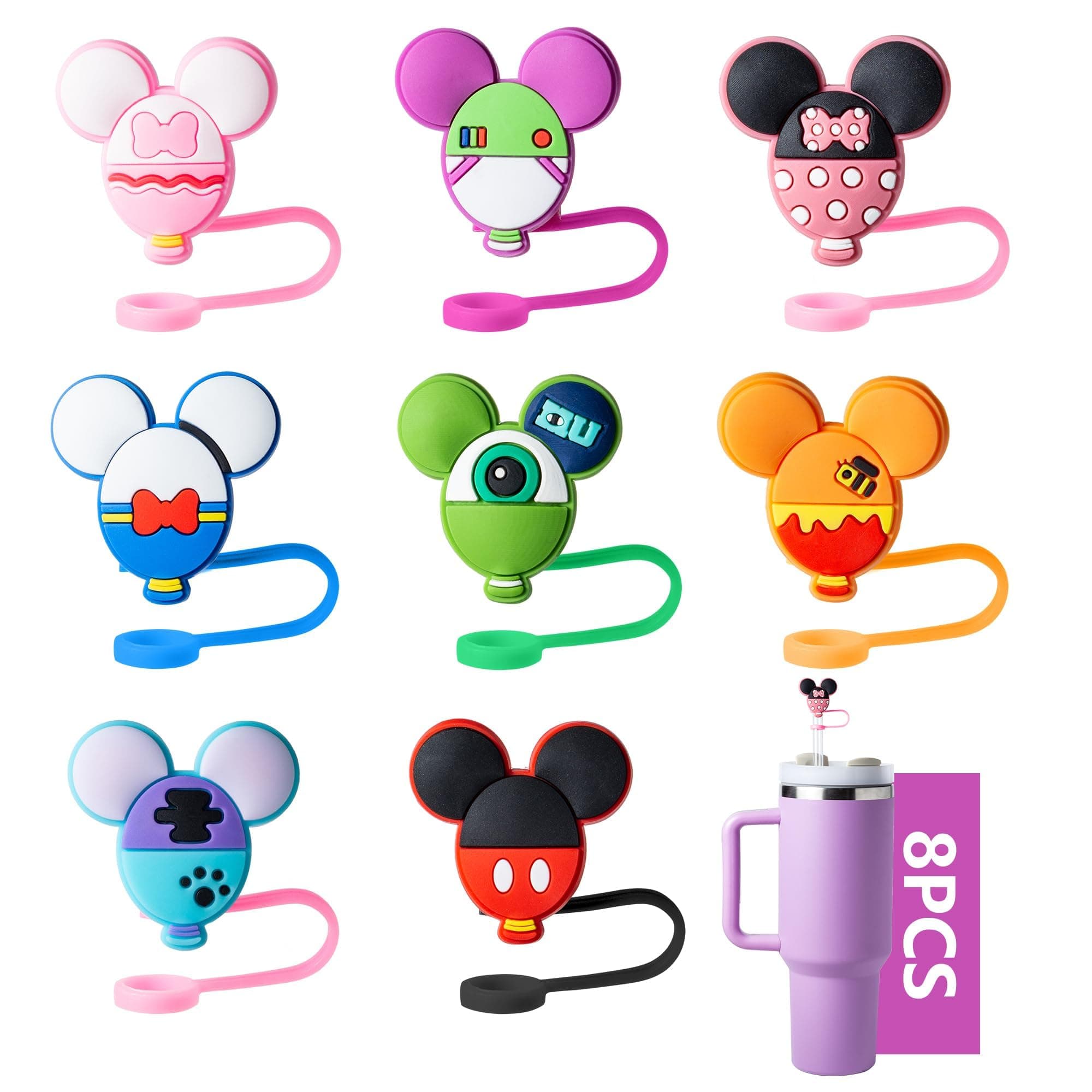 8-Piece Cute Mice Silicone Straw Covers for Stanley Cup, 0.4in/10mm Diameter, Dust-Proof Straw Toppers, Compatible with Stanley 20, 30, & 40 oz Cup, Accessory
