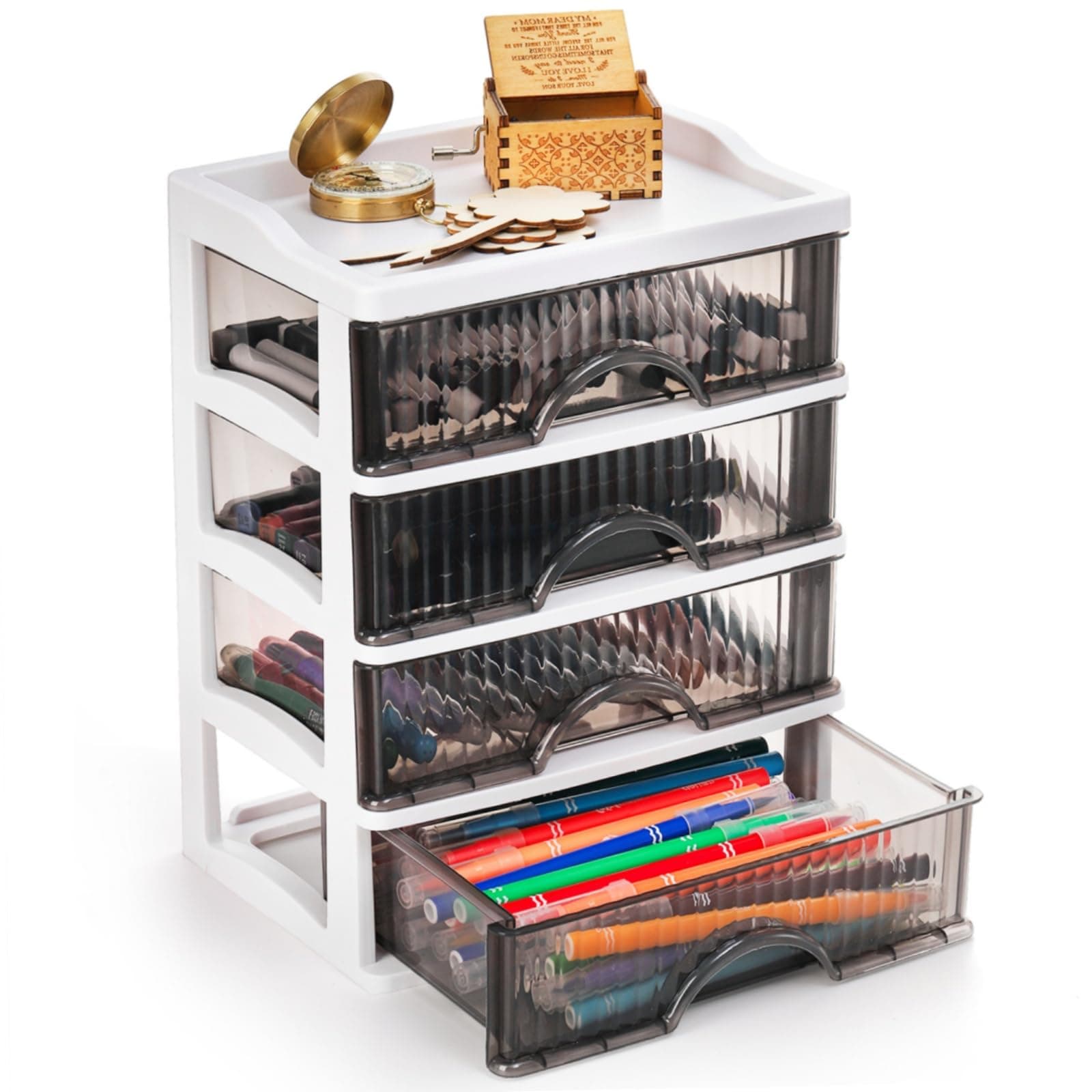 Desk Organizer with 4 Drawers, Plastic Desk Storage Box, Desktop Storage Unit for Office Home Art Supplies, Bathroom, Countertop, Study, Makeup Stationary Organizer