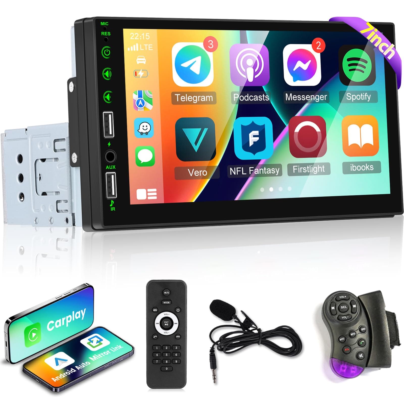 7 inch HD Single Din Touchscreen Car Stereo - Carplay and Android Auto, 1 Din Car Radio with Bluetooth, Mirror Link, FM Radio, Steering Wheel Control + Microphone