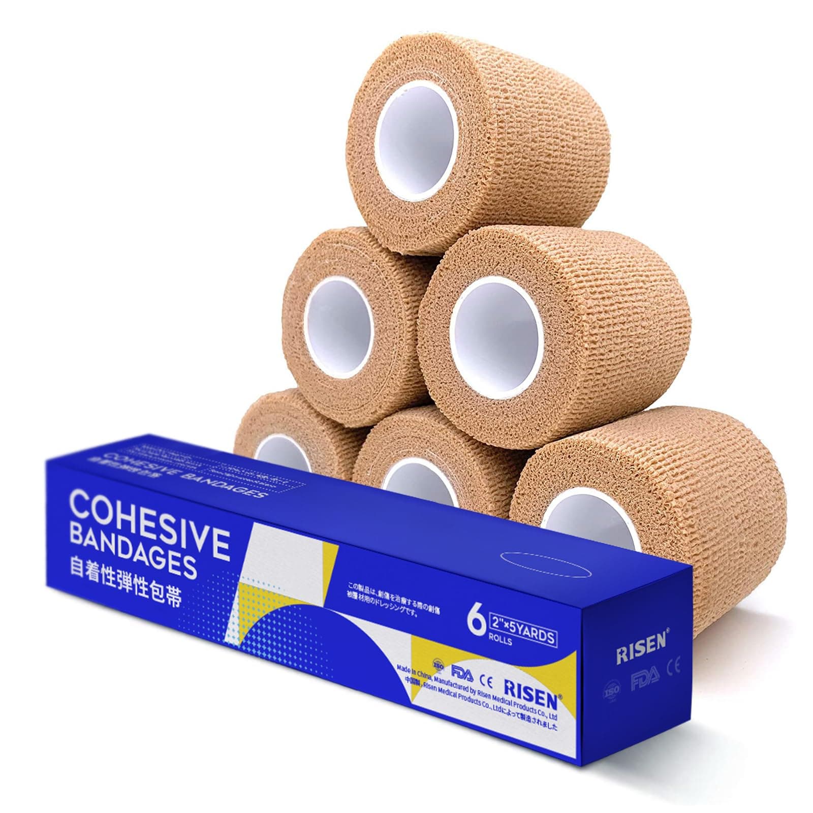 Cohesive Bandage 2” x 5 Yards, 6 Rolls, Self Adherent Wrap Medical Tape, Adhesive Flexible Breathable First Aid Gauze Ideal for Stretch Athletic