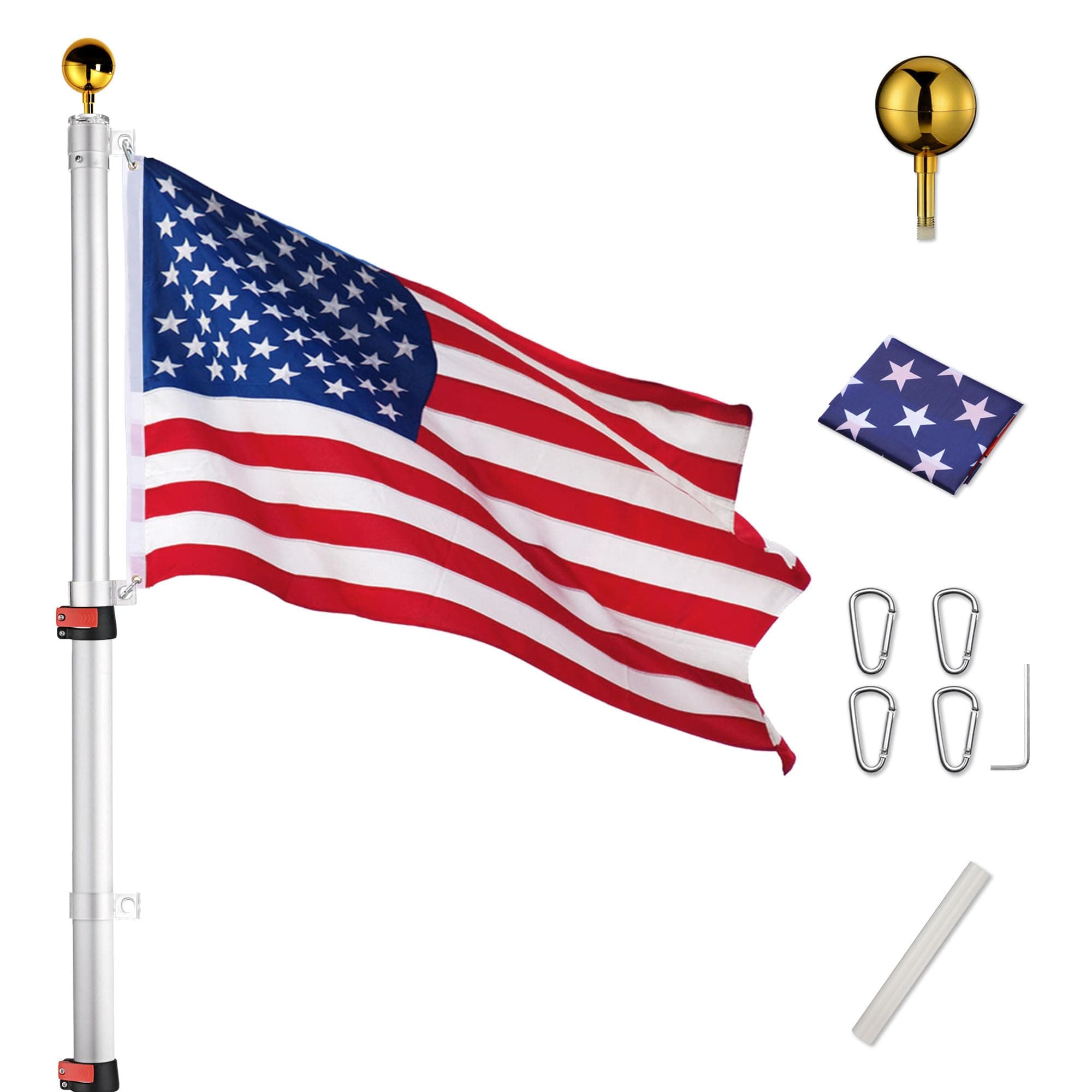 Yeshom 25ft Telescopic Aluminum Flag Pole Fly 2 Flags 3'x5' US Flag Ball Top Kit Telescoping Flagpole Yard Outdoor Garden