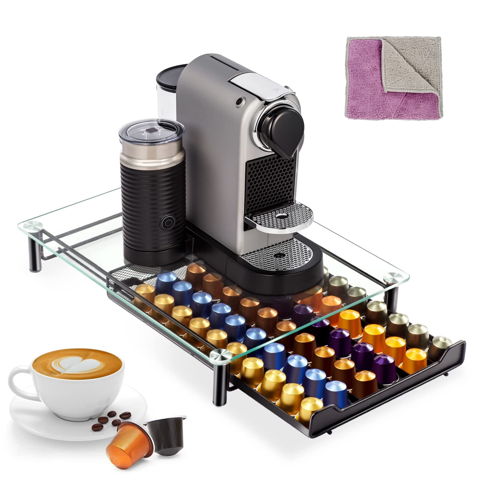 Masthome Coffee Pods Storage, 60 Capsule Coffee Pod Drawer with Tempered Glass Top, Coffee Pod Holder with Coffee Machine Stand & Anti-Slip Feet for Kitchen Office, Send 1 Cleaning Cloth (Metal/Black)