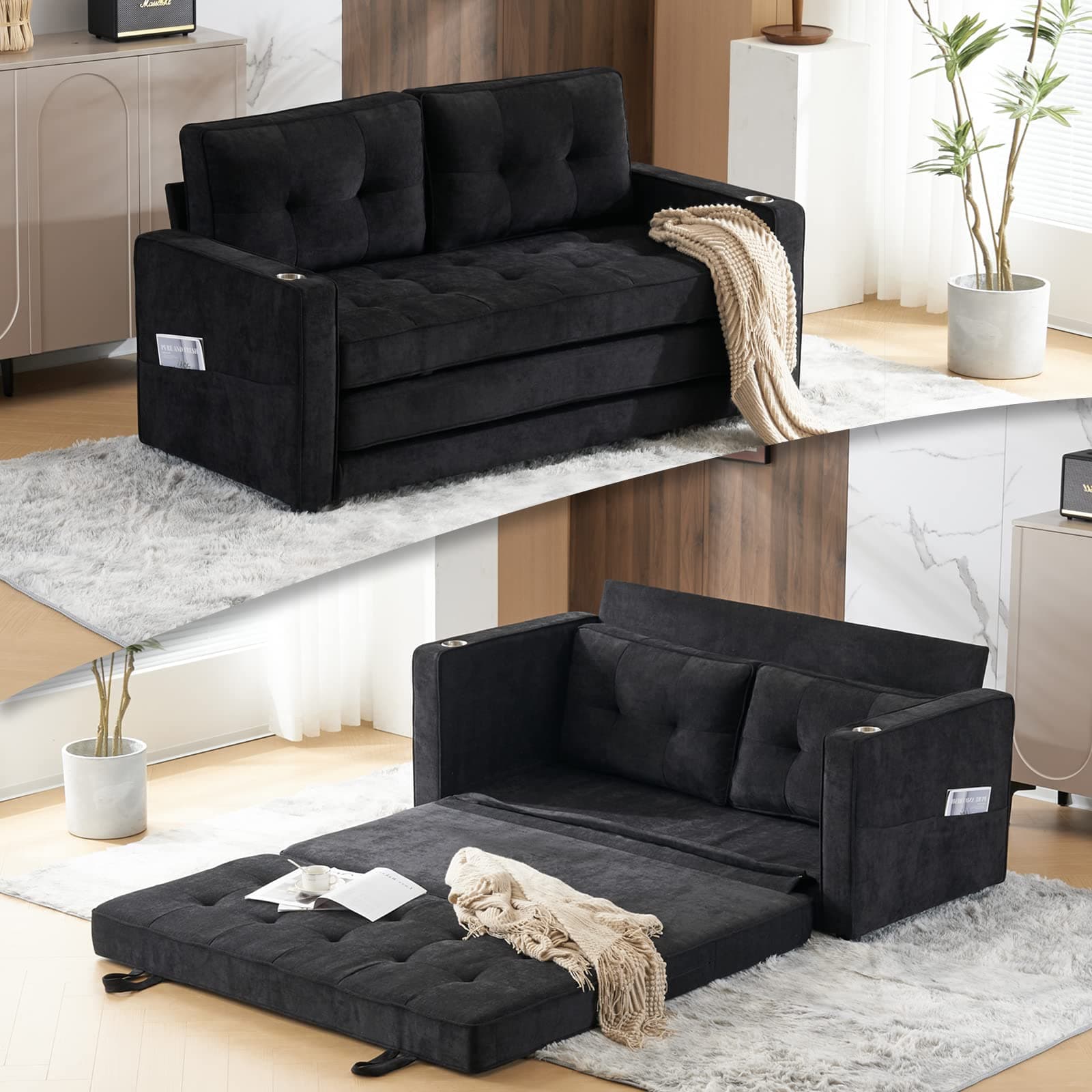 VINGLI Upgraded 64" W 84" L Full Size Futon Sofa Bed, 6" Thick Upholstery Chenille Loveseat Sofa Sleeper Pull Out Couch,Convertible Floor Couch for Living Room, Bedroom, Entertainment Room, Black