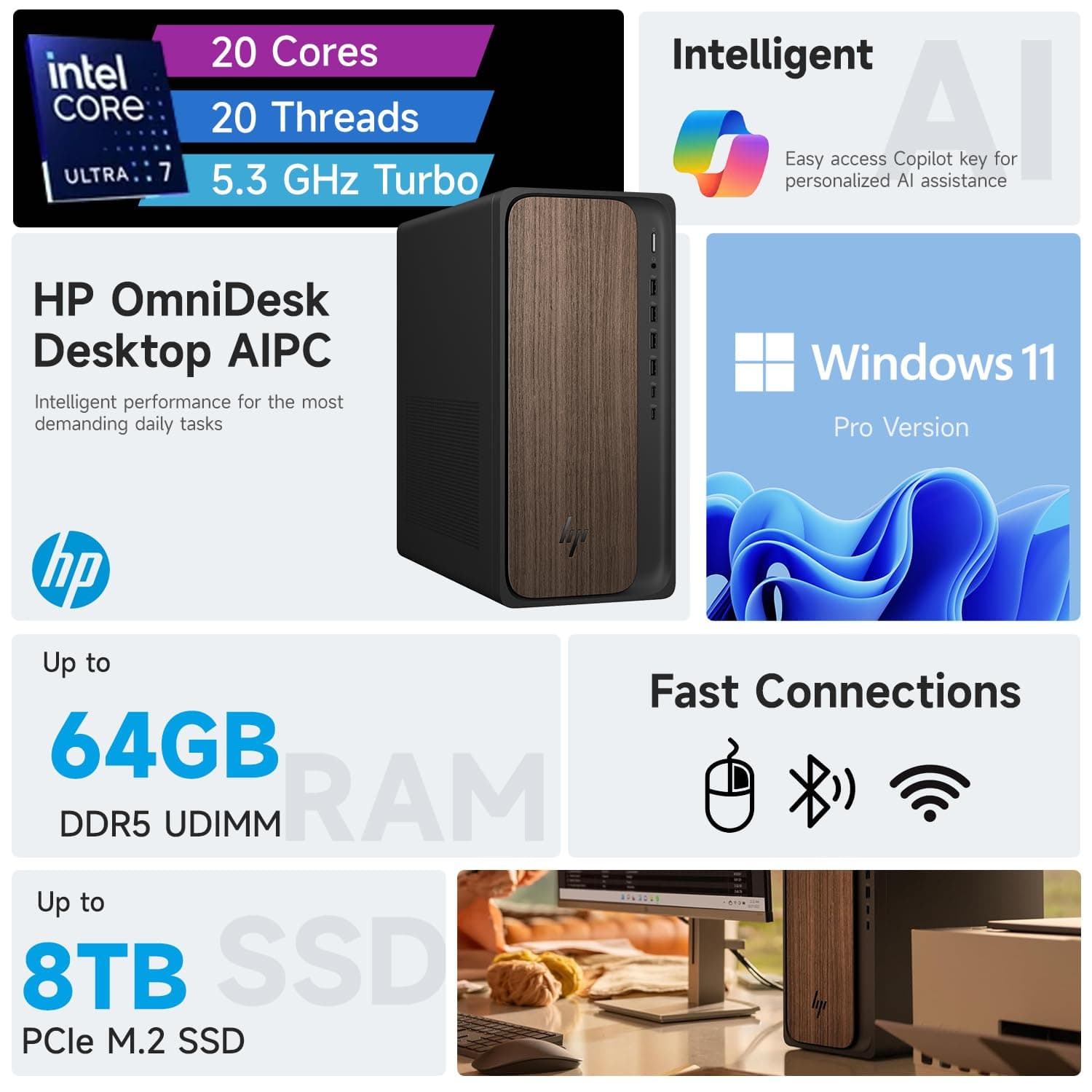 HP 2025 OmniDesk Business Next Gen AI Desktop PC, Intel Core Ultra 7 265, NVIDIA GeForce RTX 5060, 16GB DDR5 RAM, 2TB SSD, HDMI, DP, KB & Mouse, Win 11 Pro, Bundle with Adata 512GB External SSD