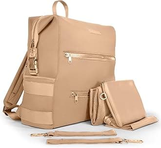 BUNSO Neoprene Diaper Bag, Minimalist Backpack Diaper Bag with Pouch, Changing Pad, and Stroller Straps, Water Resistant and Lightweight Baby Diaper Bag Backpack, Womens and Mens Diaper Bag, Khaki