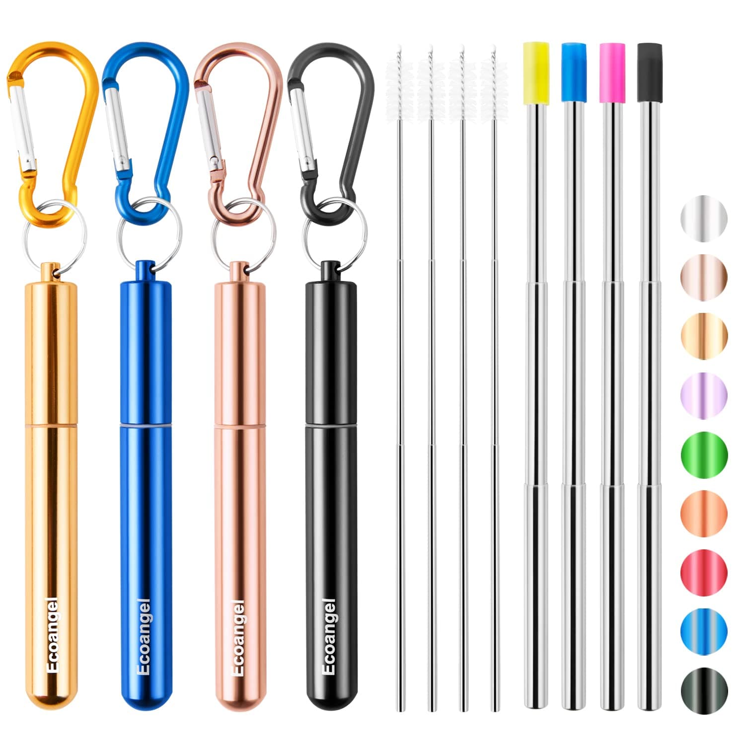 Cruise Ship Essentials,4-Pack reusable Collapsible Stainless Steel Drinking Straws with Aluminum Case,Cleaning Brush,and Keychains (Black & rose gold & blue & gold)