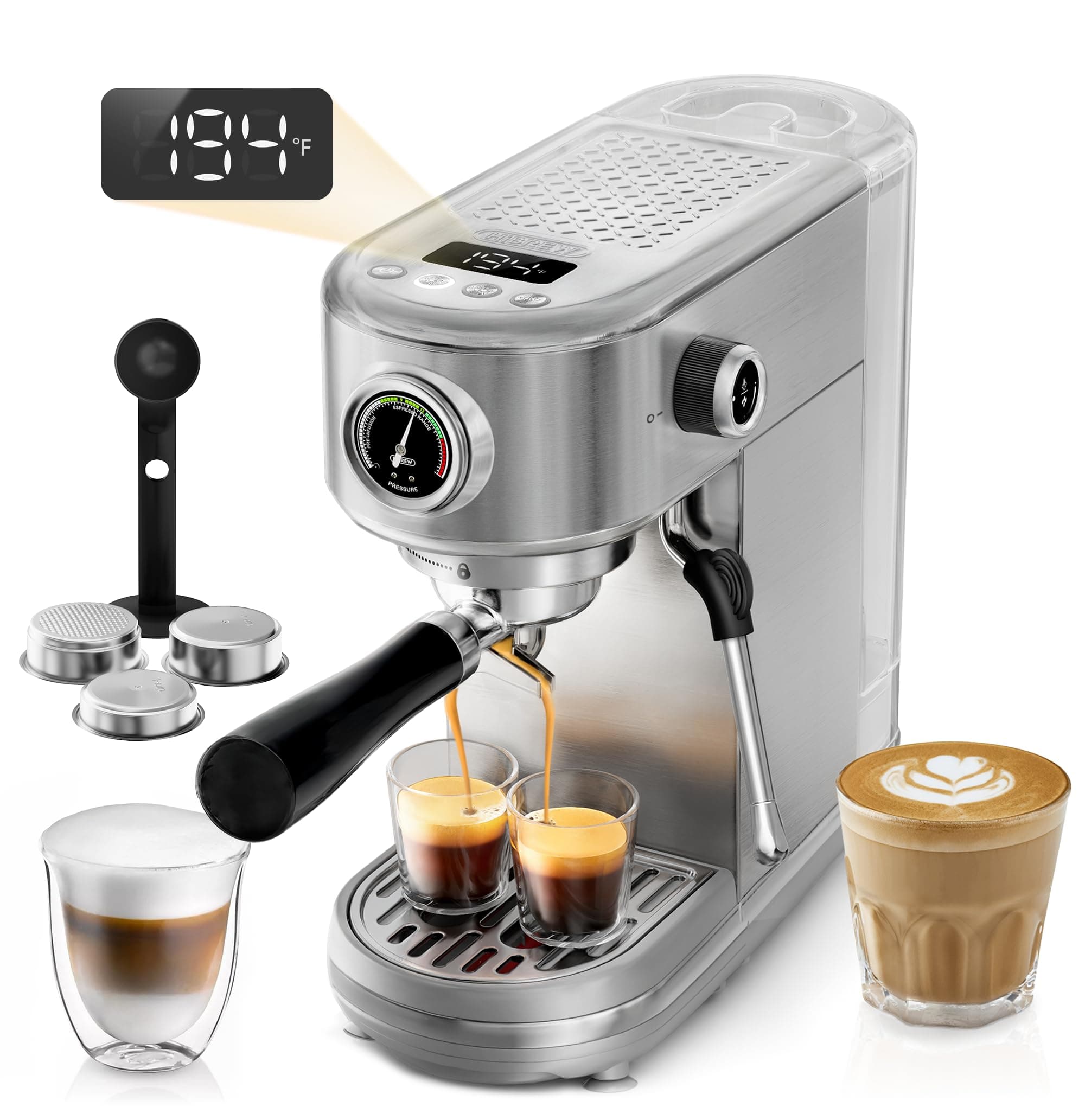 HIBREW H10B - Professional Espresso Machine - Cappuccino Maker with Milk Frother, Adjustable Temperature & Cup Volume, with Display, Pressure Gauge & Stainless Steel Body